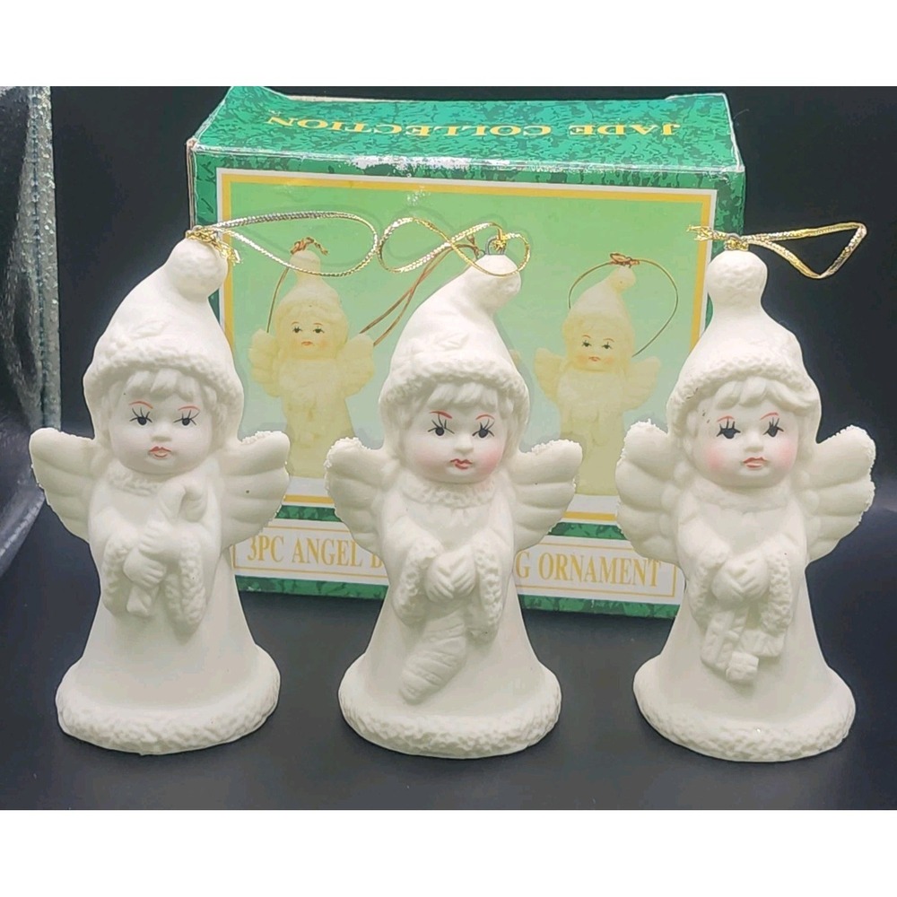 Vintage Jade Collection Christmas Angel Bell Hanging Ornaments Porcelain 3 Boxed